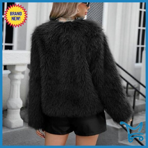 Cropped Faux Fur Jacket Women's Winter Coat Long Sleeve Pockets - Picture 7 of 8